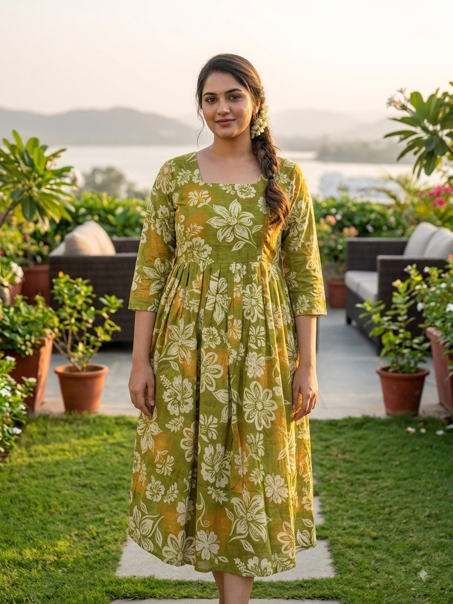 Floral Print Mixed Linen Calf-Length Feeding Maxi Dress