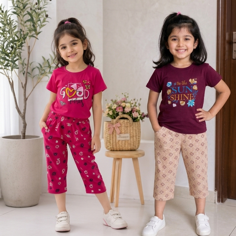 Girls’ 3/4th Pant & T-Shirt Combo ( pink & brown )