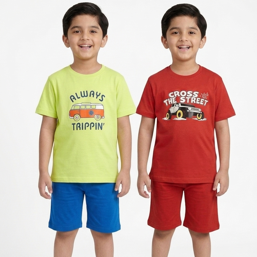 Kids Printed T-Shirt & Shorts Combo Set pack of 2 ( red and Lime green )