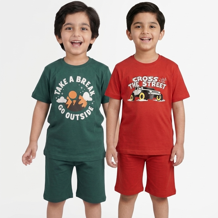 Kids Printed T-Shirt & Shorts Combo Set pack of 2 ( green & red )