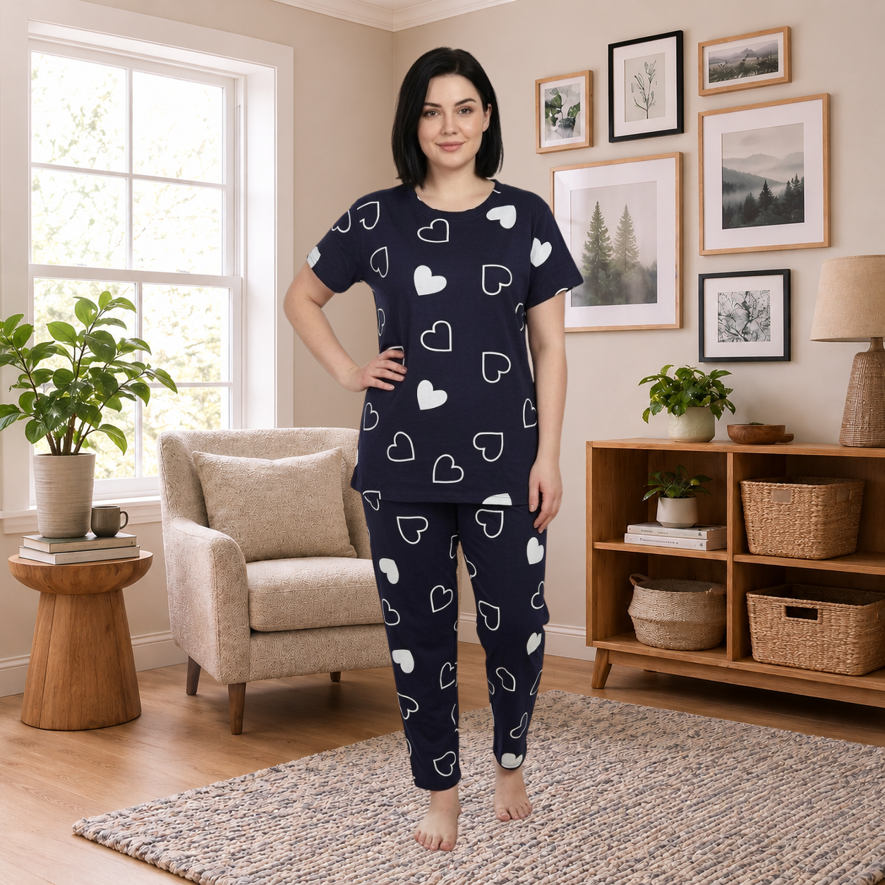 Navy Blue Heart Print Women’s Co-Ord Set