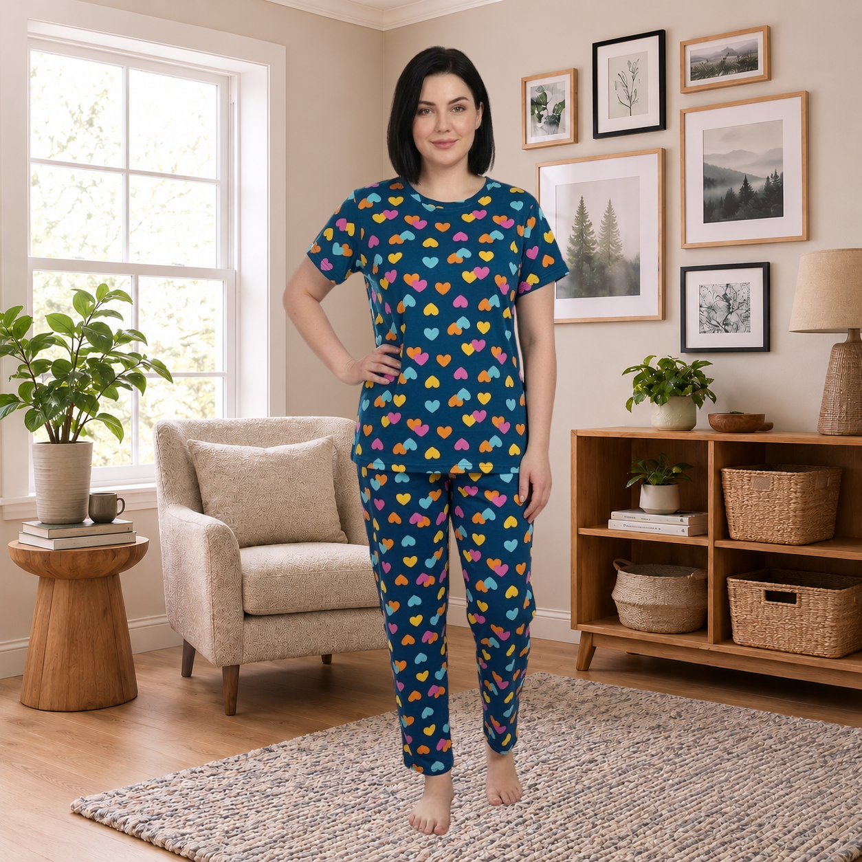 Navy Blue Multicolor Heart Print Women’s Co-Ord Set