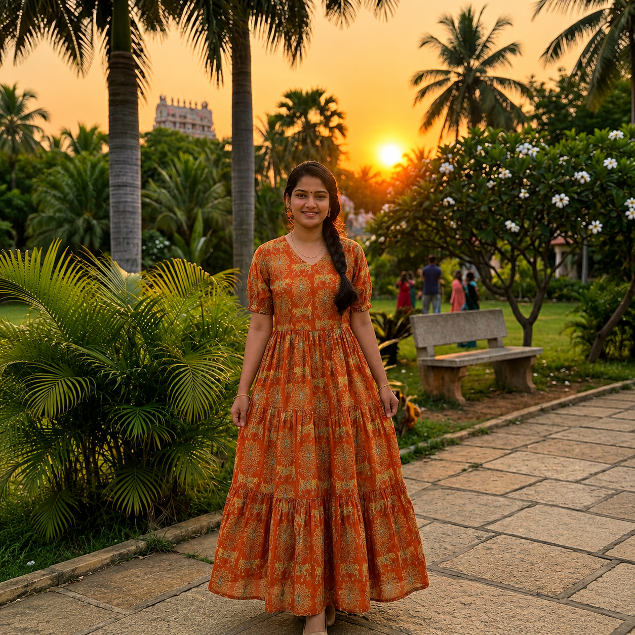 Rust Orange Floral Kalamkari Print Pure Cotton Feeding Long Frock – 50+ Inch
