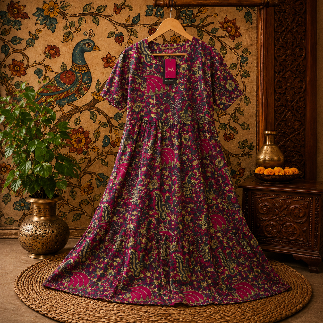 Wine Purple Kalamkari Paisley Print Pure Cotton Feeding Long Frock – 50+ Inch
