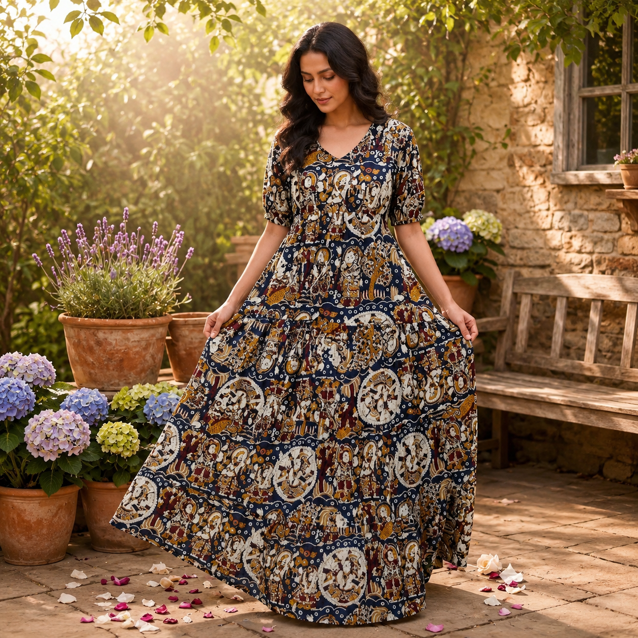 Navy Blue Kalamkari Elephant Print Pure Cotton Feeding Long Frock – 50+ Inch