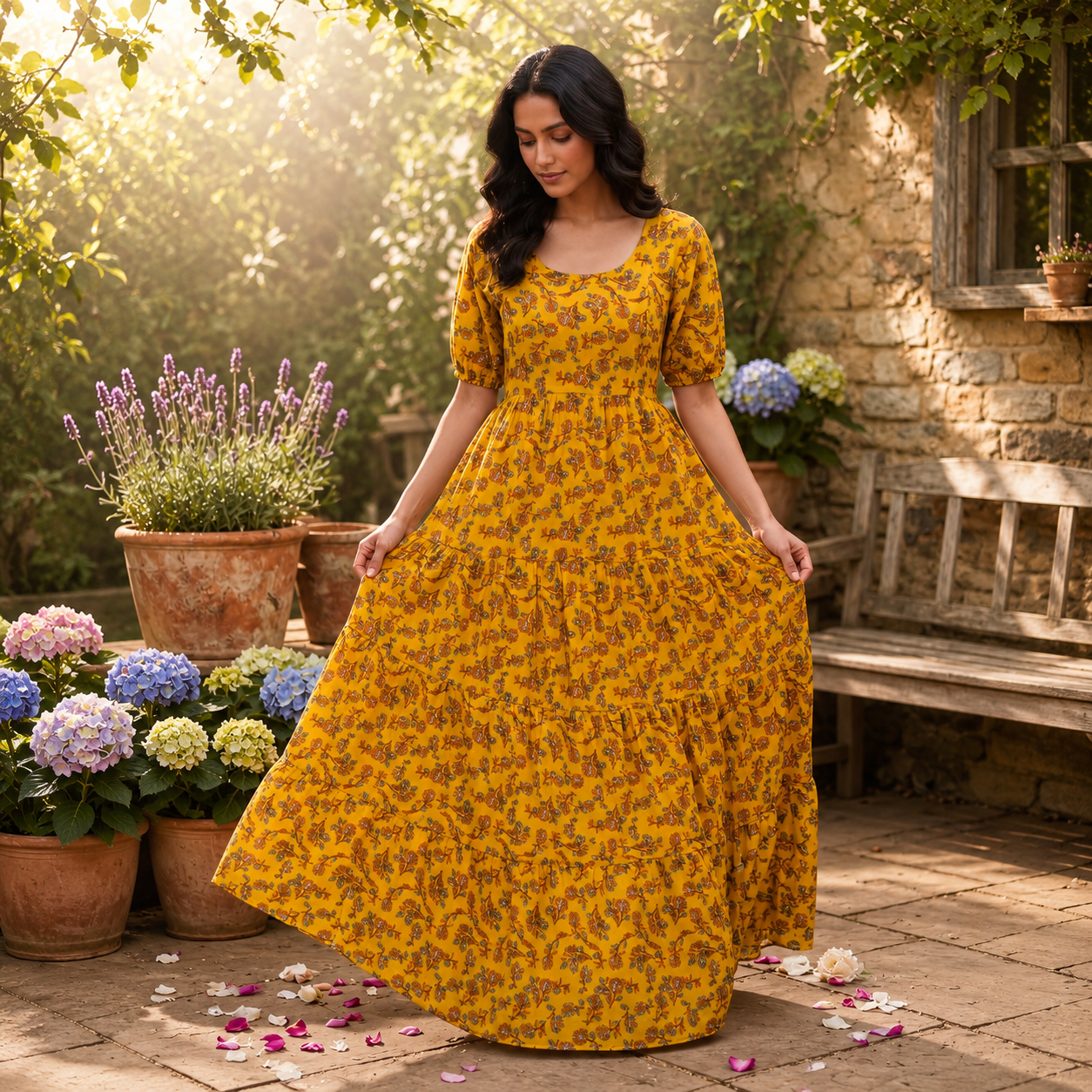 Mustard Yellow Floral Print Pure Cotton Feeding Long Frock – 50+ Inch