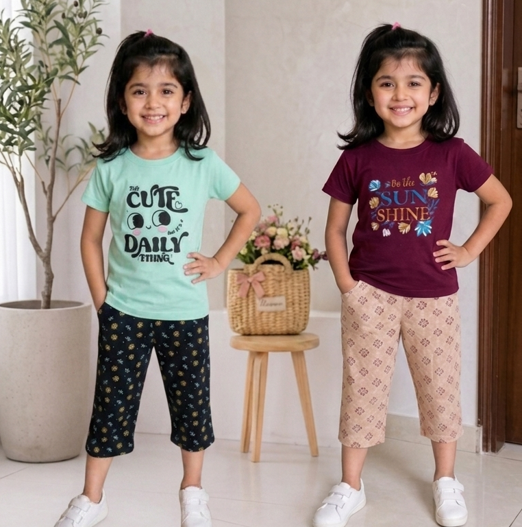 Girls’ 3/4th Pant & T-Shirt Combo ( green & brown )