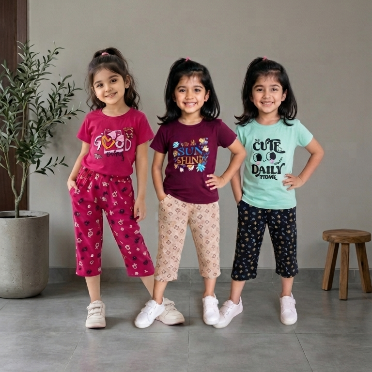 Girls’ Printed 3/4th T-Shirt & Pant Combo Pack of 3 ( pink , brown , green )