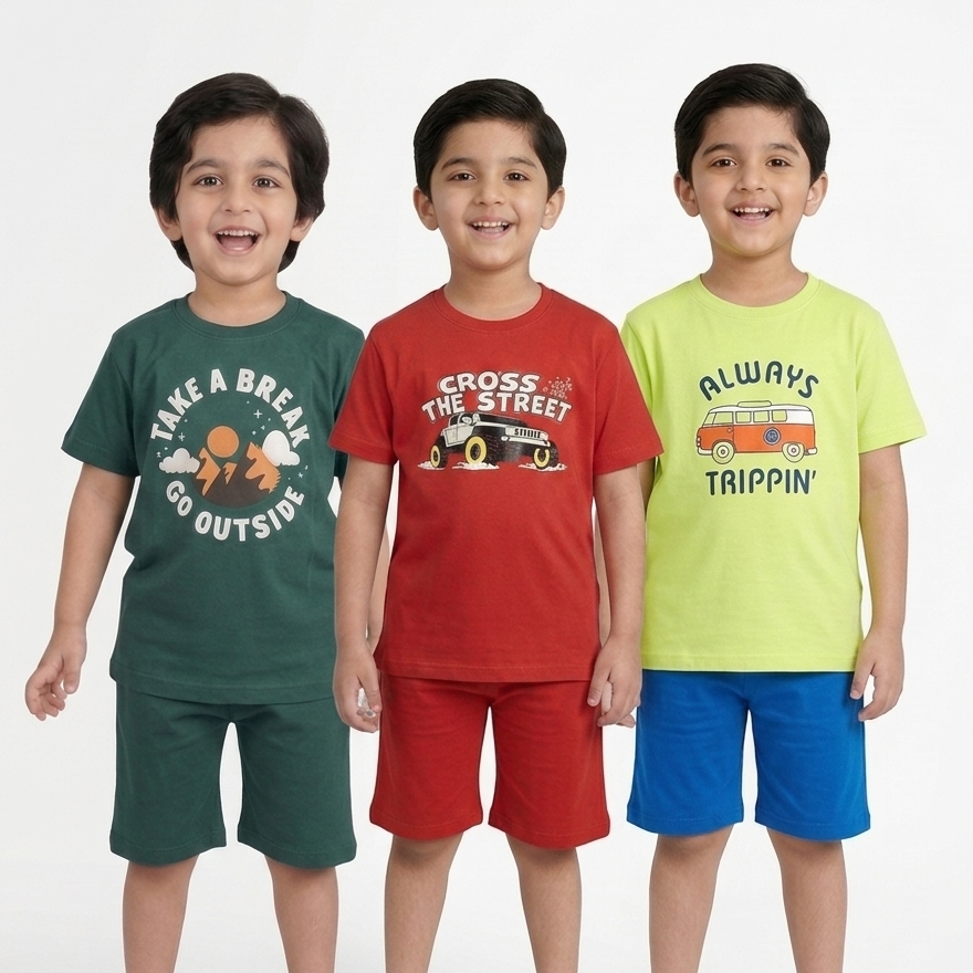 Kids Printed T-Shirt & Shorts Combo Set β Pack of 3 ( green, red, lime green )