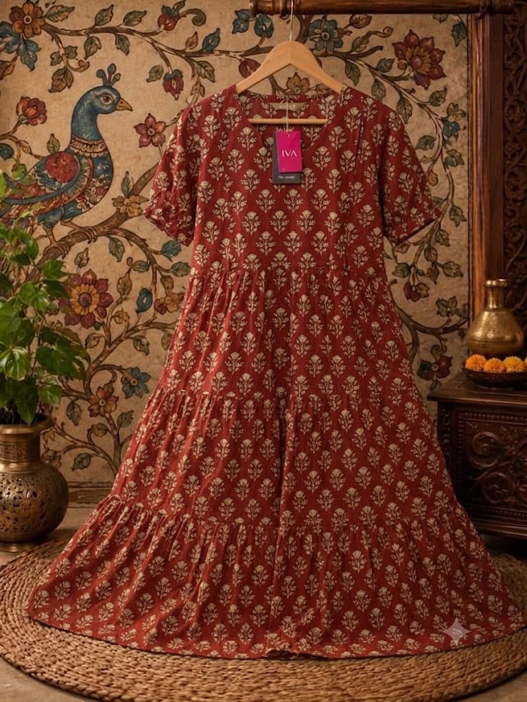 Rust Brown Floral Print Pure Cotton Feeding Long Frock – 50+ Inch
