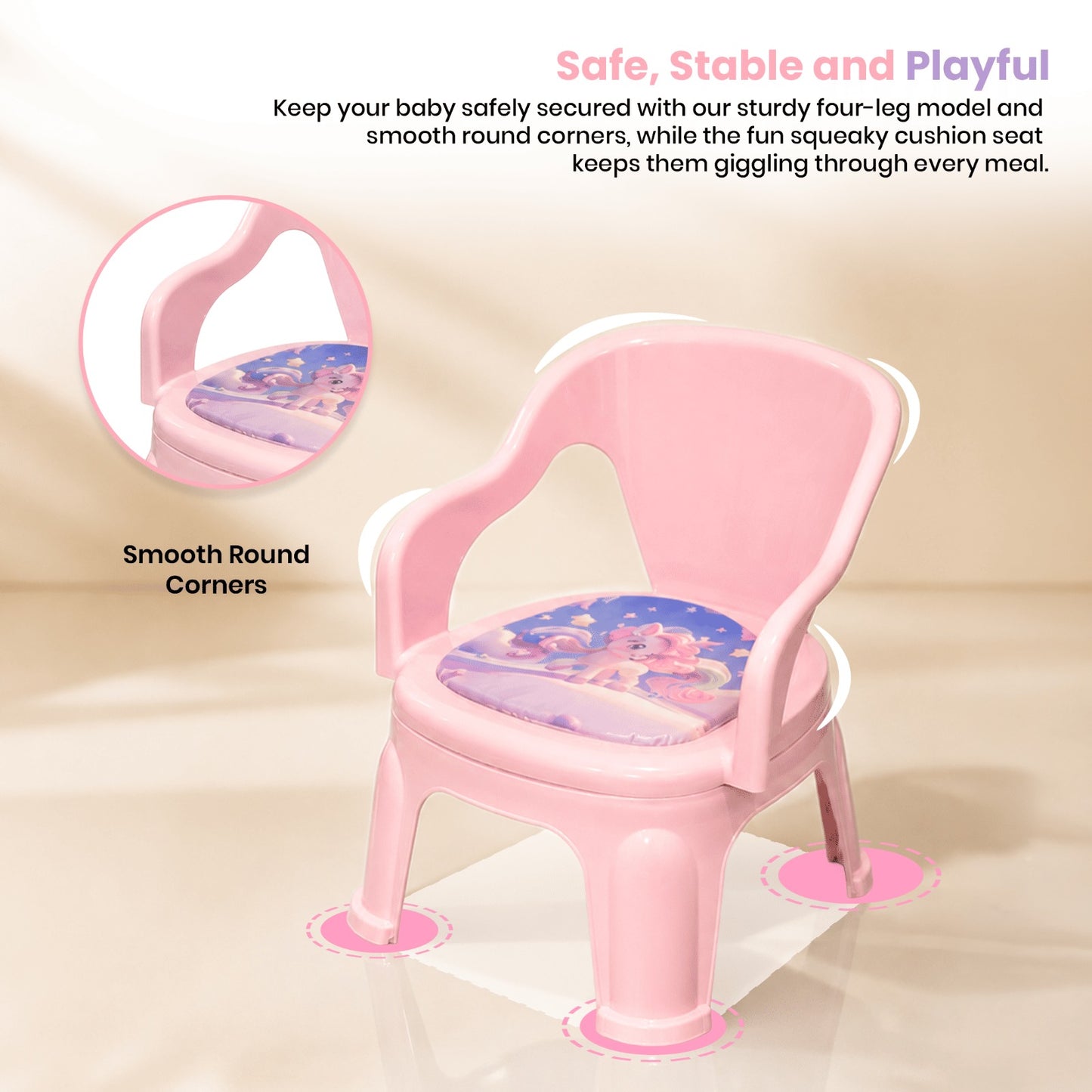 Kids Plastic Chair with Backrest & Soft Printed Cushion
