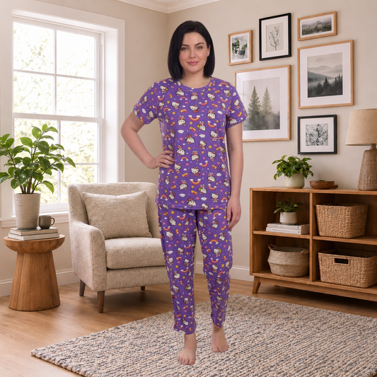 Purple Cartoon Print Women’s Co-Ord Set