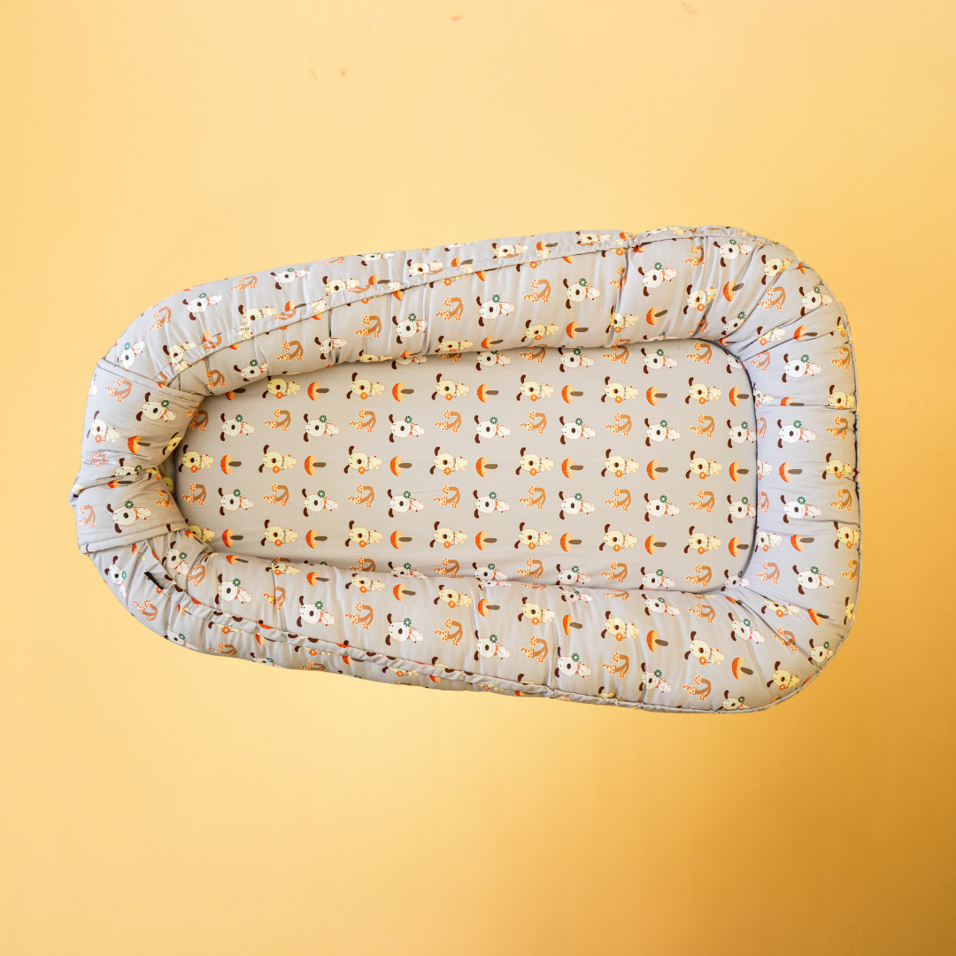 Soft Grey & Peach Printed Baby Nest Bed
