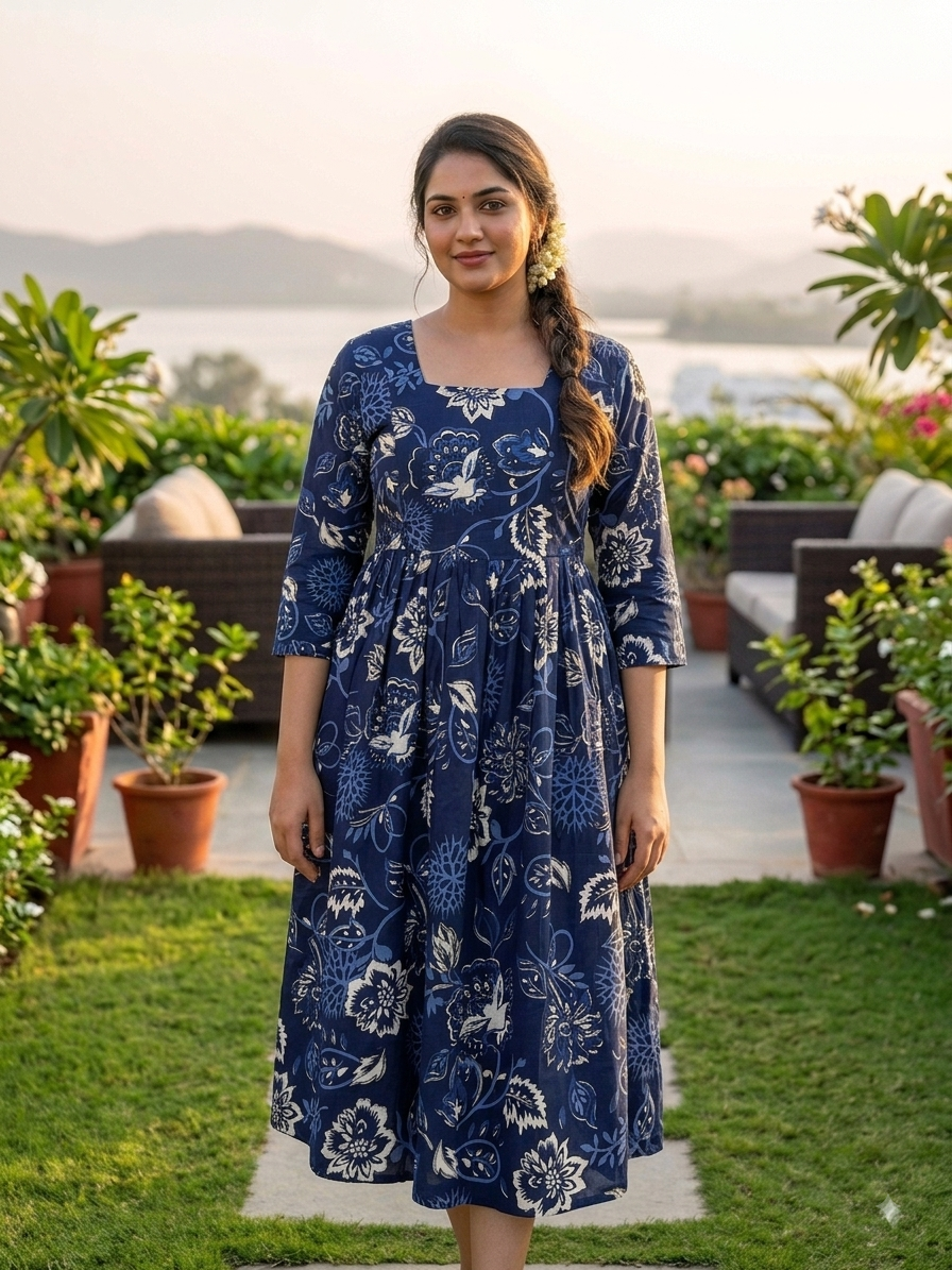 Floral Print Mixed Linen Calf-Length Feeding Maxi Dress