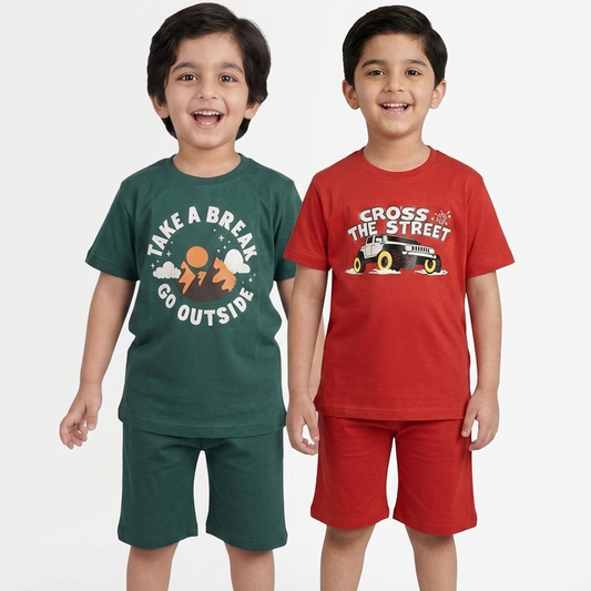 Kids Printed T-Shirt & Shorts Combo Set pack of 2 ( green & red )