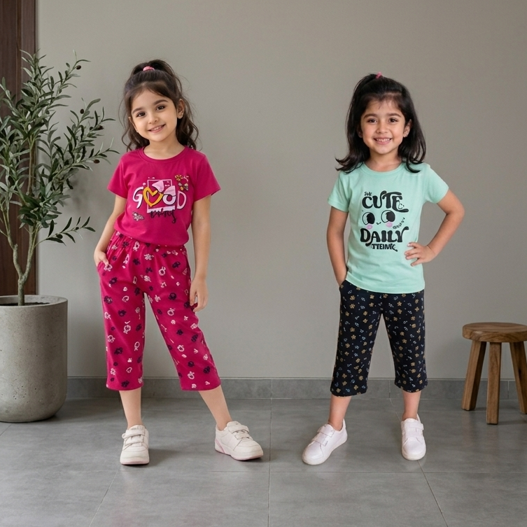 Girls’ 3/4th Pant & T-Shirt Combo (pink & green)