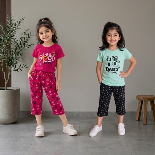 Girls’ 3/4th Pant & T-Shirt Combo (pink & green)