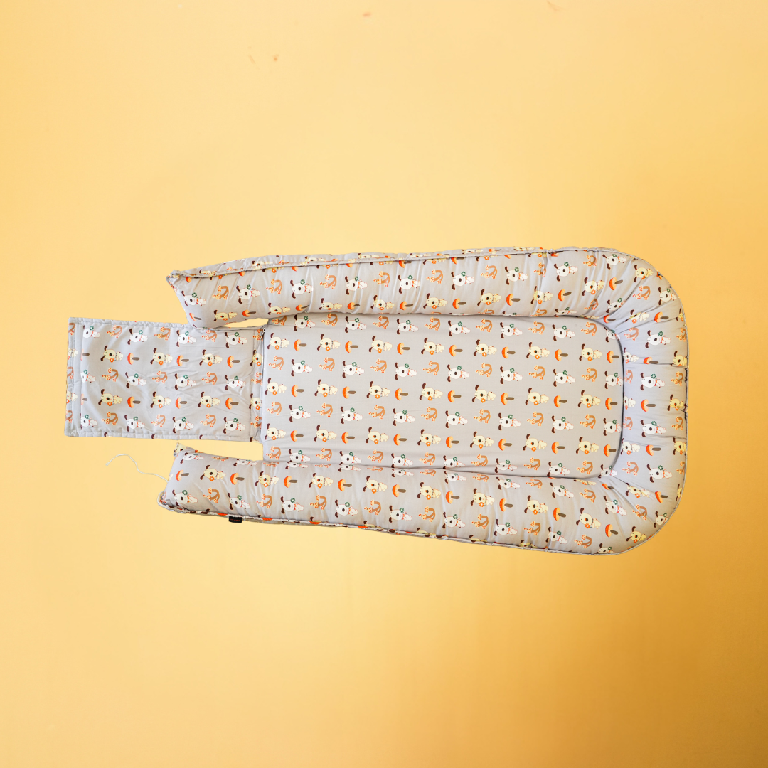Soft Grey & Peach Printed Baby Nest Bed
