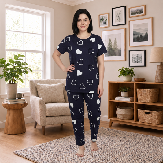 Navy Blue Heart Print Women’s Co-Ord Set