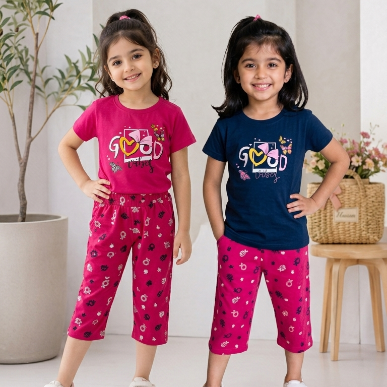 Girls’ 3/4th Pant & T-Shirt Combo ( pink & blue )