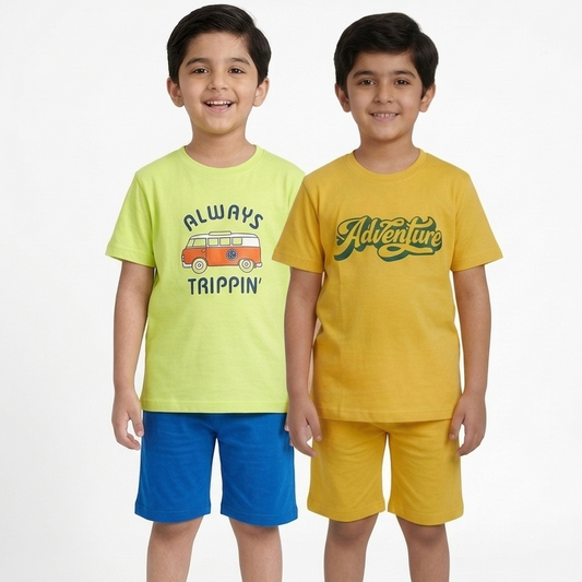 Kids Printed T-Shirt & Shorts Combo Set pack of 2 ( lime green and yellow )