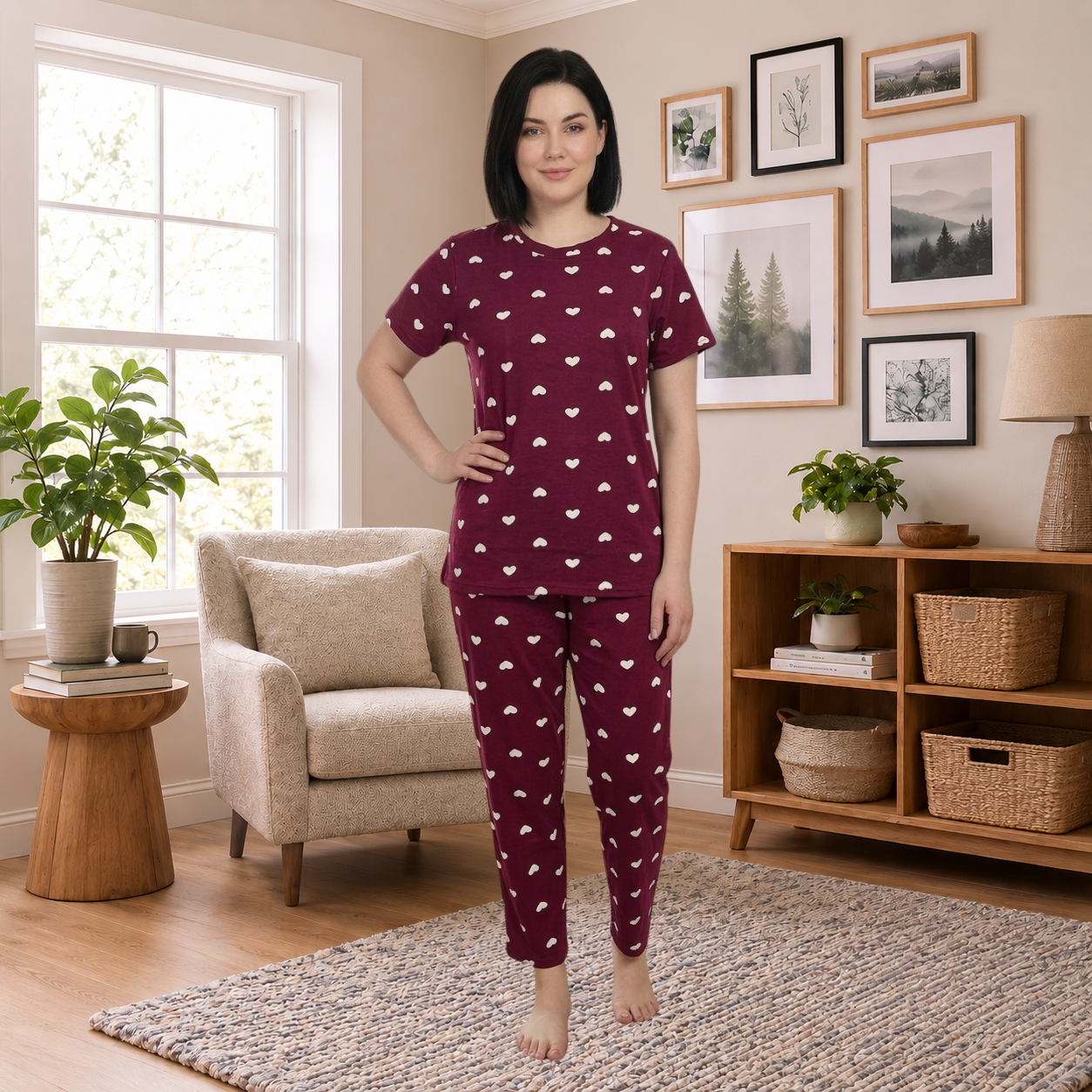 Maroon Heart Print Women’s Co-Ord Set
