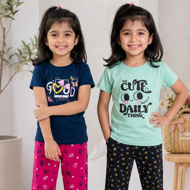 Girls 3/4th pant & T-shirt Combo ( blue & green )