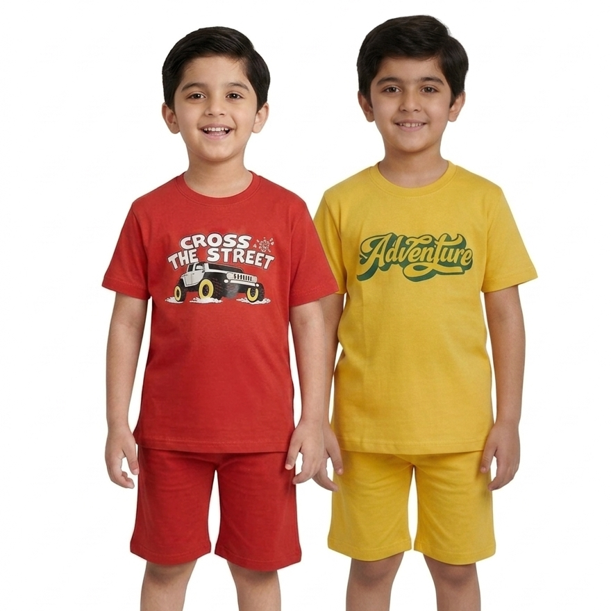 Kids Printed T-Shirt & Shorts Combo Set pack of 2 ( red and yellow )