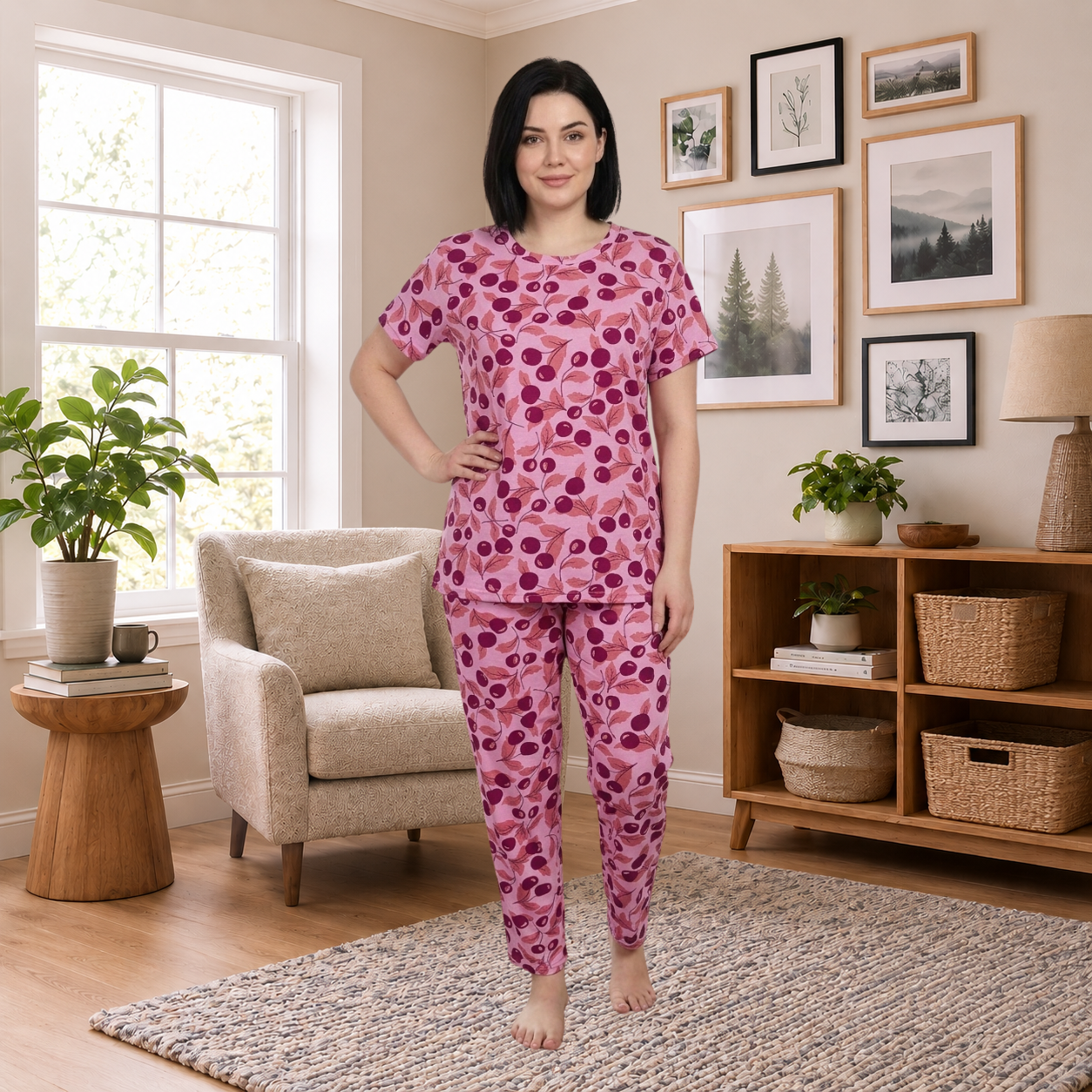 Pink Cherry Print Women’s Co-Ord Set