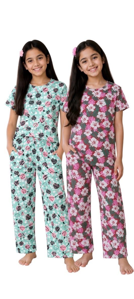 Girls’ Printed Cord Set pack of 2 ( green & pink )