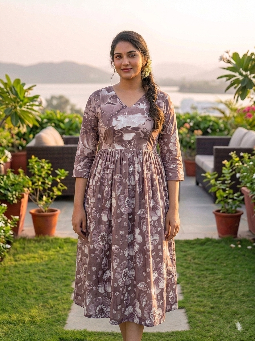 Floral Print Mixed Linen Calf-Length Feeding Maxi Dress