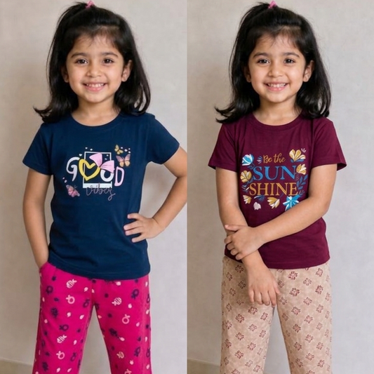 Girls’ 3/4th Pant & T-Shirt Combo ( blue & brown)