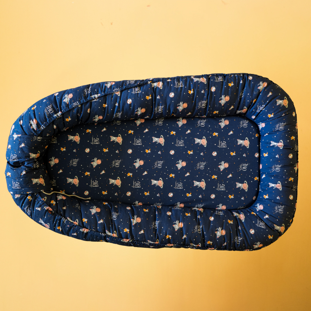 Navy Blue Cartoon Print Baby Nest Bed