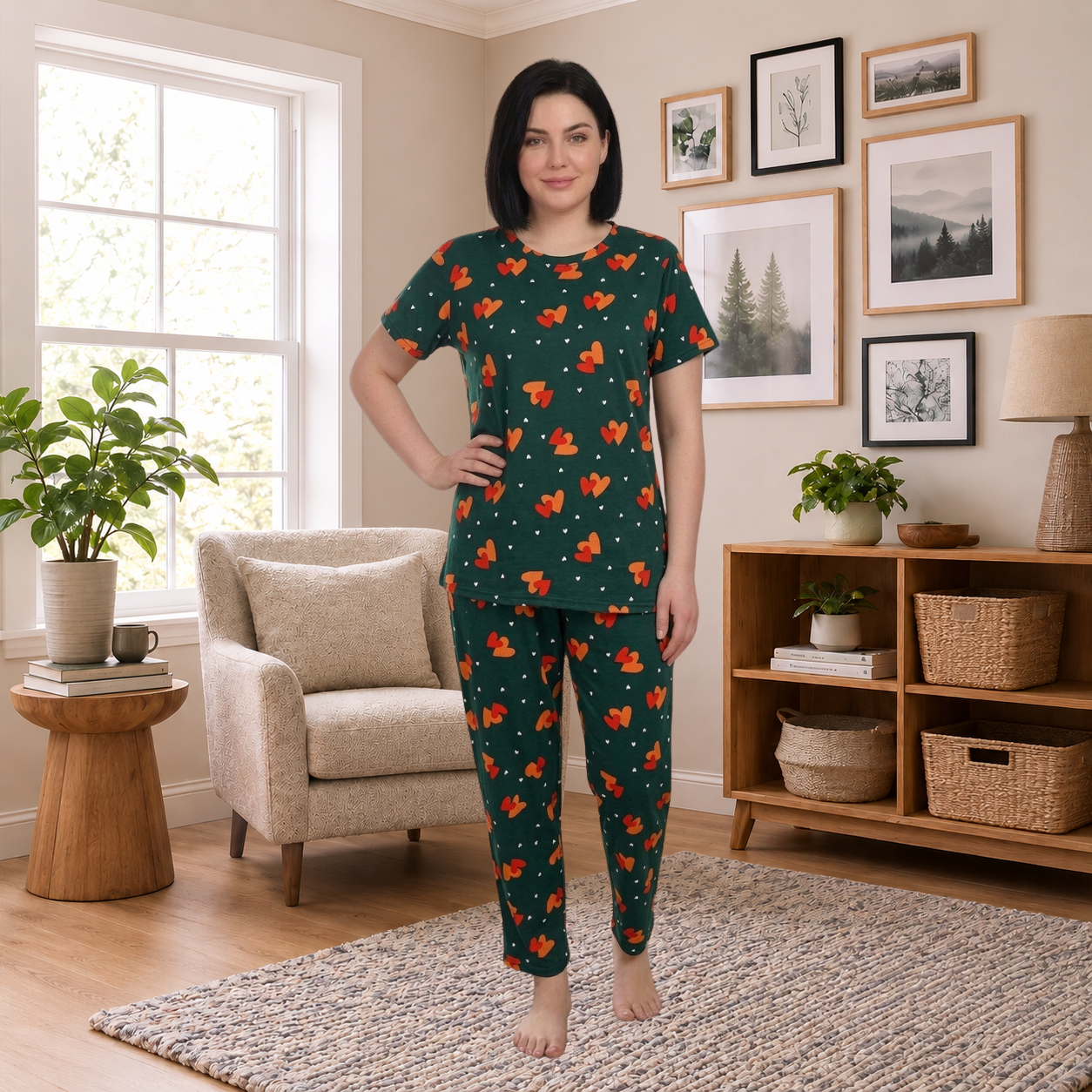 Dark Green Heart Print Women’s Co-Ord Set