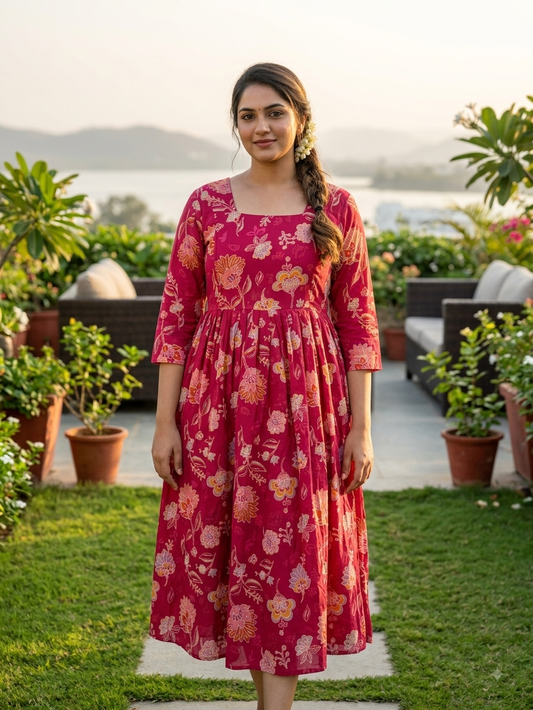 Floral Print Mixed Linen Calf-Length Feeding Maxi Dress