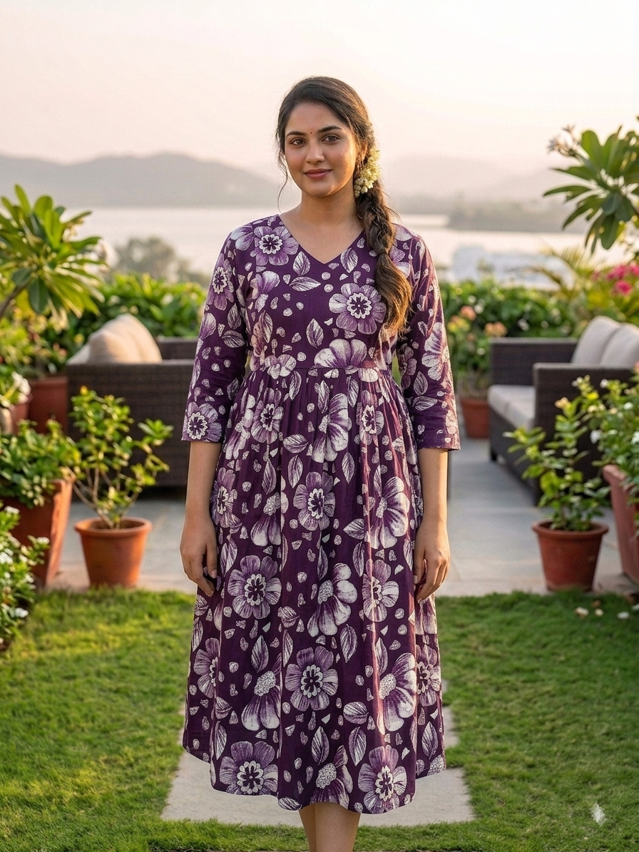 Floral Print Mixed Linen Calf-Length Feeding Maxi Dress