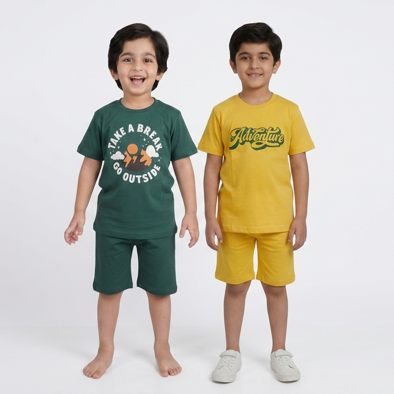 Kids Printed T-Shirt & Shorts Combo Set pack of 2 ( green and yellow )