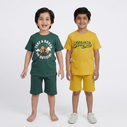 Kids Printed T-Shirt & Shorts Combo Set pack of 2 ( green and yellow )