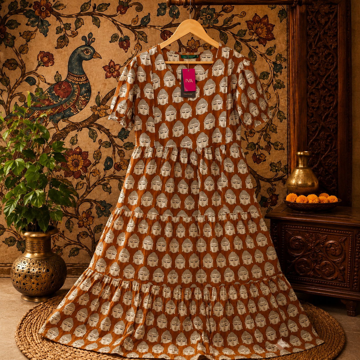 Brown Buddha Print Pure Cotton Feeding Long Frock – 50+ Inch