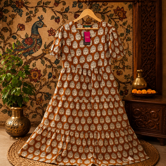 Brown Buddha Print Pure Cotton Feeding Long Frock – 50+ Inch