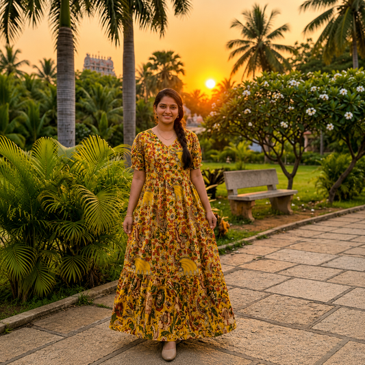 Mustard Yellow Kalamkari Paisley Print Pure Cotton Feeding Long Frock – 50+ Inch