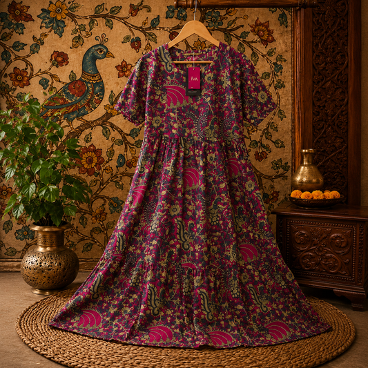 Wine Purple Kalamkari Paisley Print Pure Cotton Feeding Long Frock – 50+ Inch