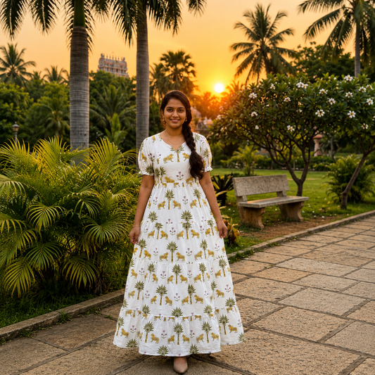Off-White Tiger & Palm Print Pure Cotton Feeding Long Frock – 50+ Inch