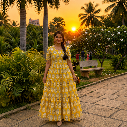 Mustard Yellow Buddha Print Pure Cotton Feeding Long Frock – 50+ Inch