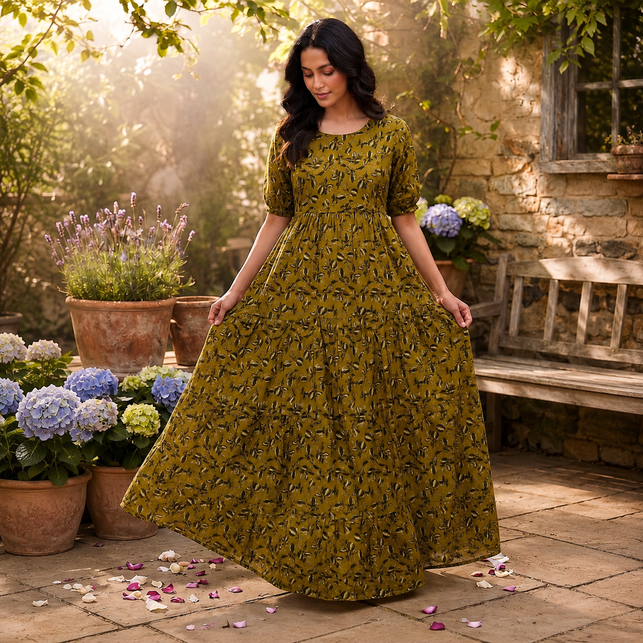 Olive Green Floral Print Pure Cotton Feeding Long Frock – 50+ Inch