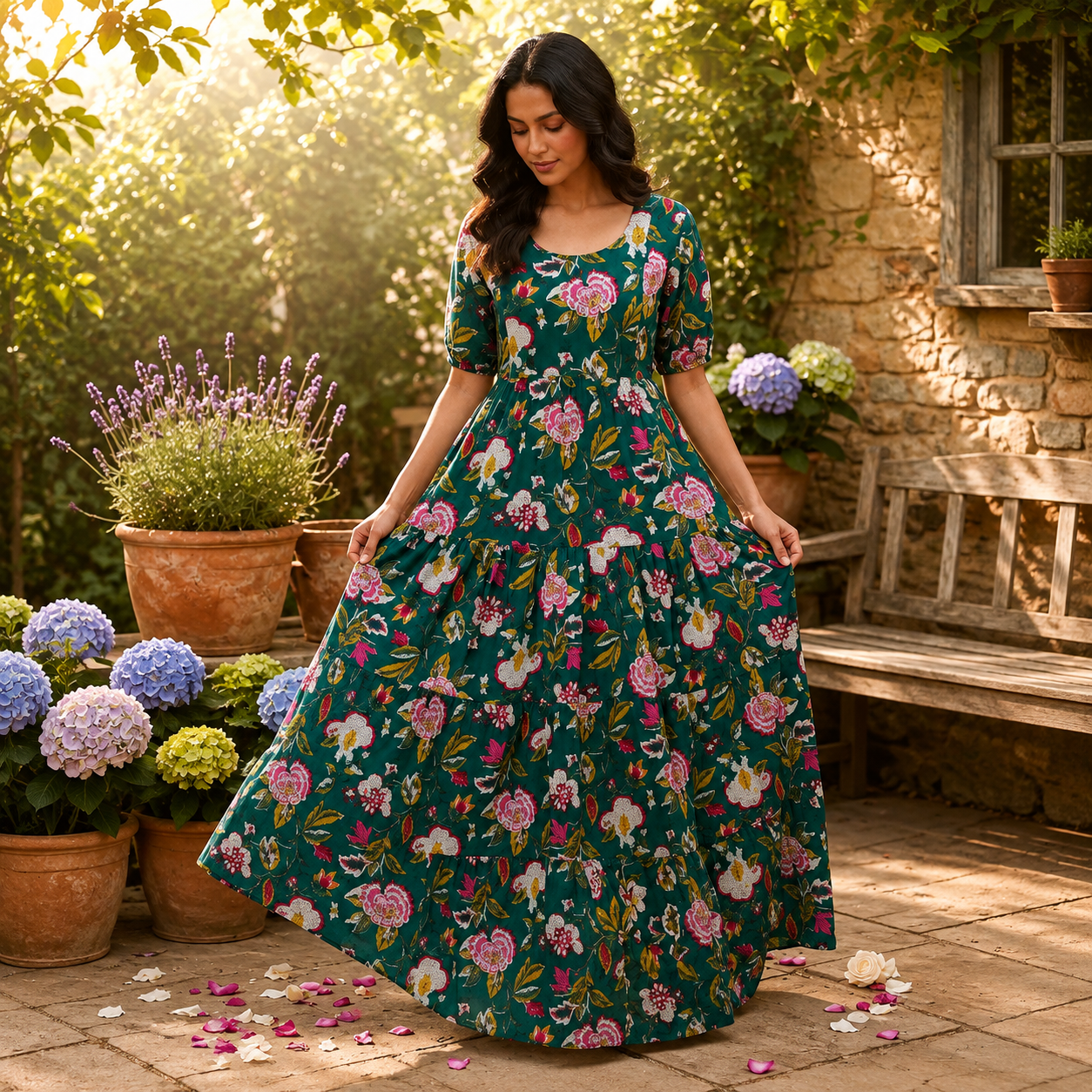 Teal Green Floral Print Pure Cotton Feeding Long Frock – 50+ Inch