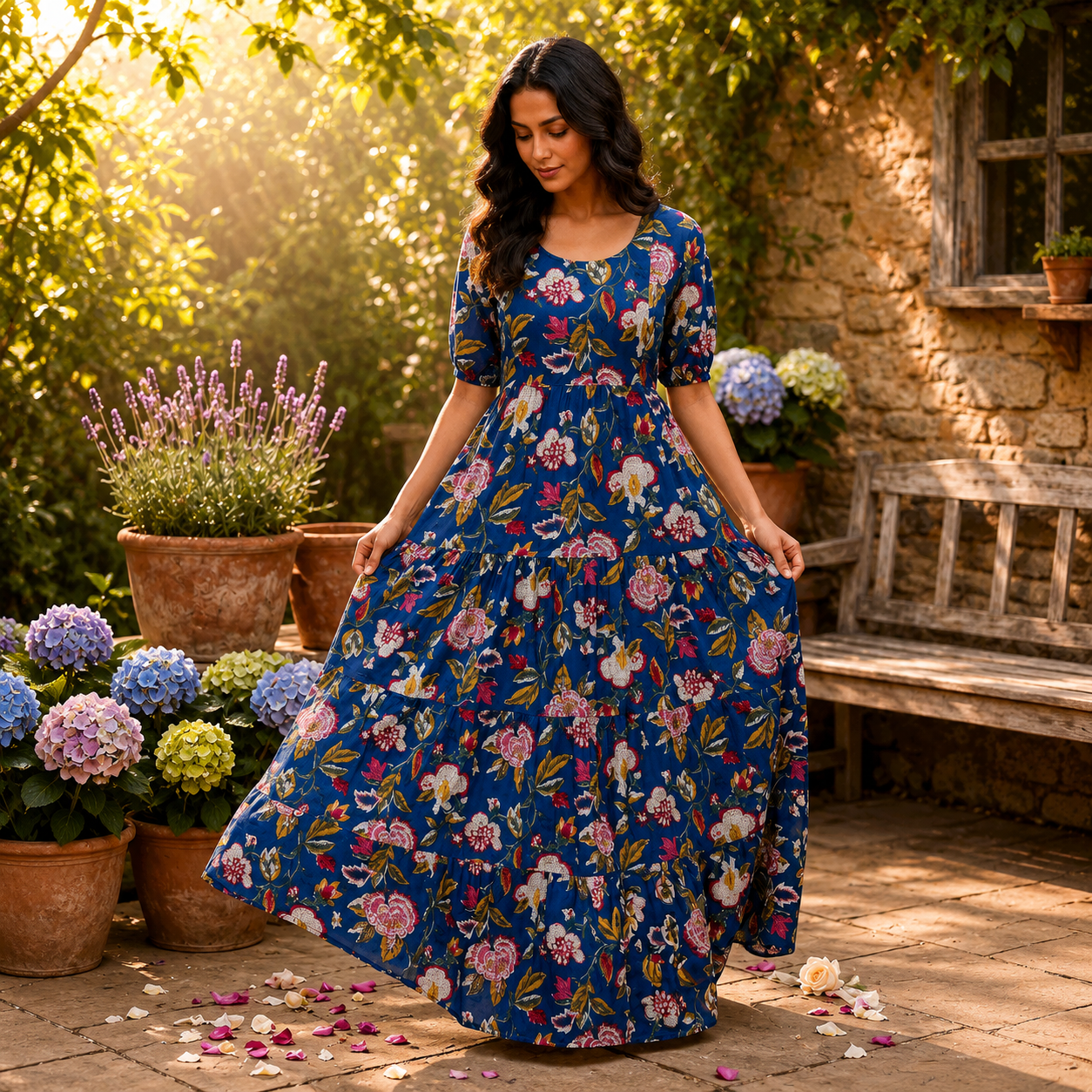 Royal Blue Floral Print Pure Cotton Feeding Long Frock – 50+ Inch