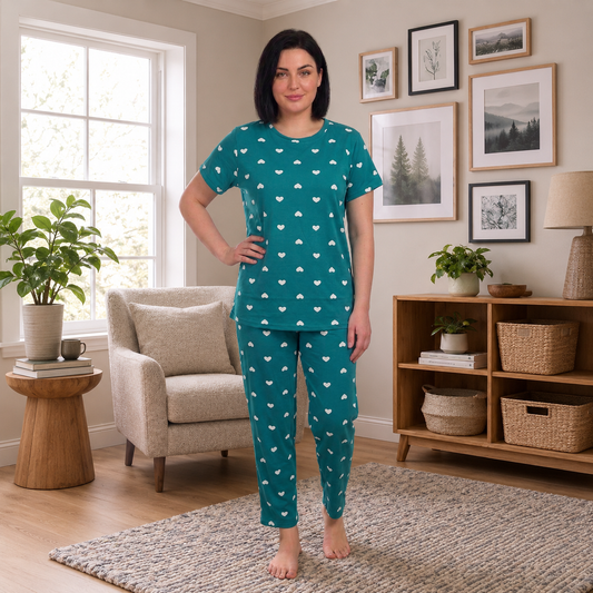 Teal Heart Print Co-Ord Set for Women