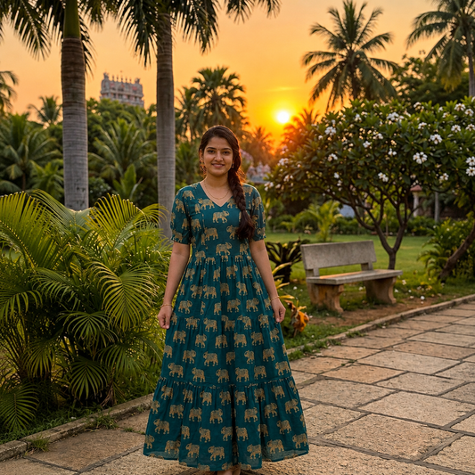 Teal Blue Elephant Kalamkari Print Pure Cotton Feeding Frock – 50+ Inch