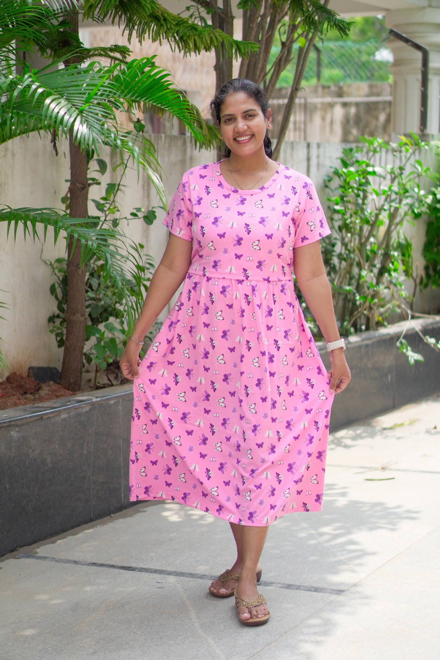 Pink Butterfly Feeding calf length Nighty